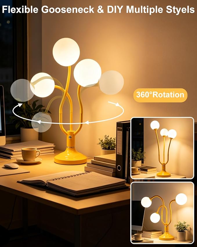 Globe Yellow Table Lamp Dimmable Magic DIY Arms G9 Bulbs Included | Vintage Ambient Night Light Modern Nightstand Desk Lamp Warmwhite Kids Bedside Lamps for Living Room Bedroom Nursery Gift