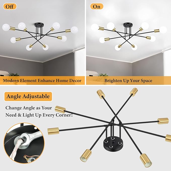 Modern Sputnik Chandelier 8-Light Industrial Ceiling Lights Fixture 32" Black and Gold Semi Flush Mount Ceiling Light with E26 Base Sputnik Lights Fixture for Dining Room Bedroom Hallway Living Room