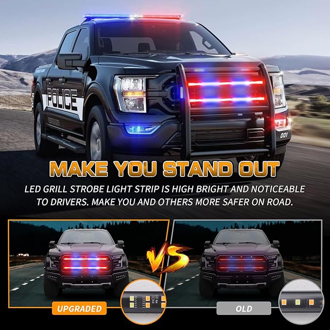 XRIDONSEN 2PCS 30 inch Truck Grill Police Lights Strip 360 LED Red Blue Lights Flashing Warning Hazard Caution Safety Grille Emergency Strobe Light for Law Enforcement Vehicles Trucks Pickup Car