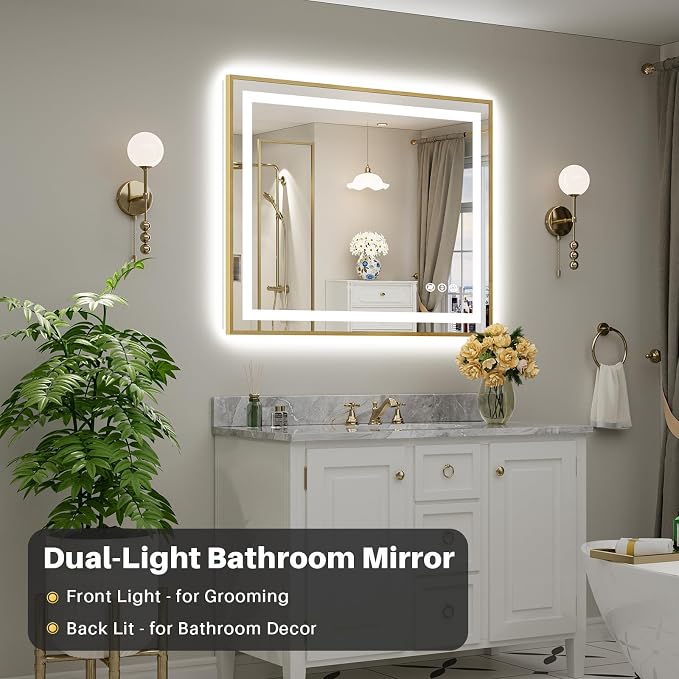 44x36 Inch LED Bathroom Mirror with Gold Frame, Backlit & Front Lit | Anti-fog, 3 Color Dimmable, Memory Function, HD Reflection Tempered Glass, ETL Listed, IP54 Waterproof