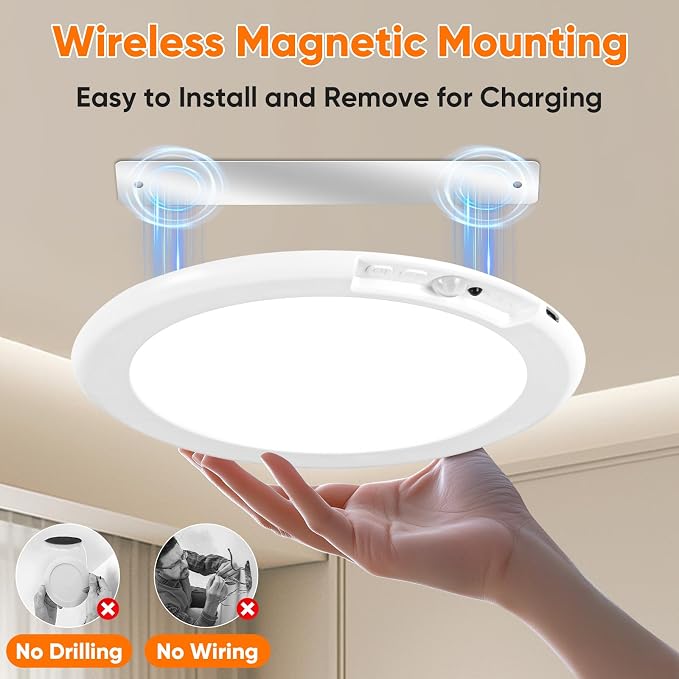 Rechargeable Motion Sensor Ceiling Light, Battery Operated Closet Light | Wireless Battery Powered LED Shower Light, Magnetic Cordless Ceiling Light with Remote, Overhead Lamp for Pantry Shed, 6-Pack