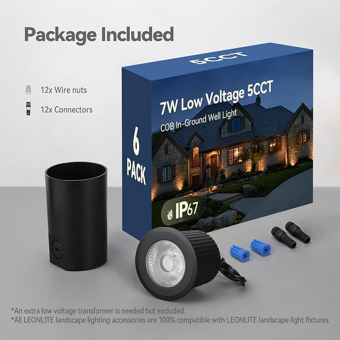 LEONLITE 6-Pack 7W 5CCT Well Lights In Ground Outdoor, Black | 12-24V AC/DC, CRI90, IP67, 2700K/3000K/3500K/4000K/5000K, Low Voltage Garden Landscaping, Embedded Parts Included, Aluminum