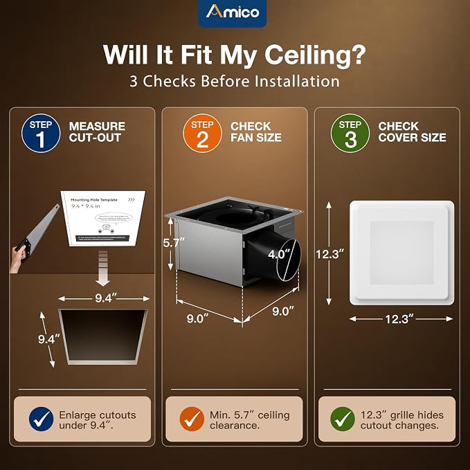 Amico Bathroom Exhaust Fan with Light, 110CFM, 1.0 Sones, 1000 LM, 5CCT | Easy Install, Ceiling Opening 9.4'' x 9.4'', Ceiling Mount Shower Bathroom Fan, Household Ventilation Fan, ETL & FCC