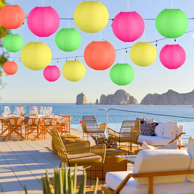 15-Pack Glow in the Dark Party Supplies, Neon Party Decorations | UV-Reactive Colorful Hanging Paper Lanterns for Birthday, Wedding, Baby Shower, Classroom Decor, Bars & Blacklight Events