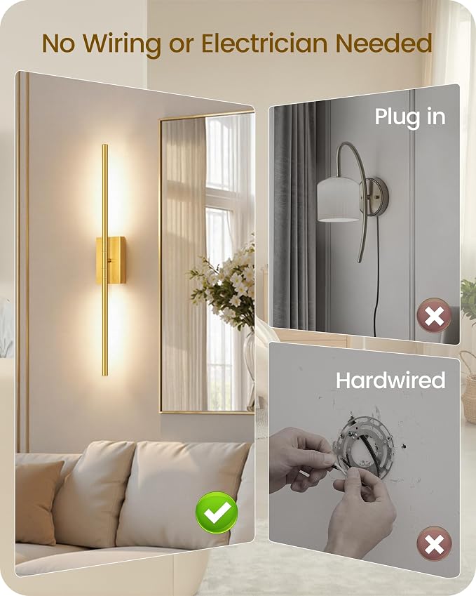 27.6" Wireless Battery Operated Wall Sconces Set of 2, Modern Rechargeable Lamp with Remote, 360° Rotation, 10000mAh, Touch Dimmable Lights for Bedroom, Living Room, Hallway, Gold D06YBP205