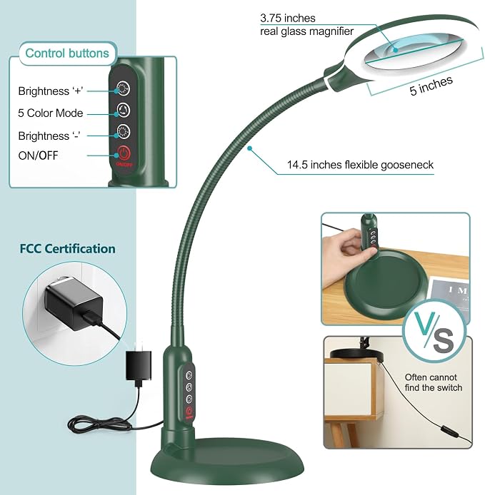 10X Magnifying Glass with Light and Clamp, 5 Color Modes Stepless Dimmable Lighted Magnifier with Stand, Flexible Gooseneck LED Desk Lamp Hands Free for Craft Painting Hobby Close Work - Green