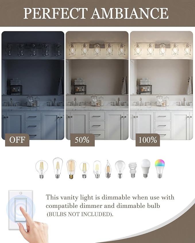 5-Light Brushed Nickel Bathroom Light Fixtures Over Mirror, 38" UL-Listed Modern Wall Sconce Lights with Clear Glass and Metal Cage for Bath, Hardwire E26, CH9176BN-5W