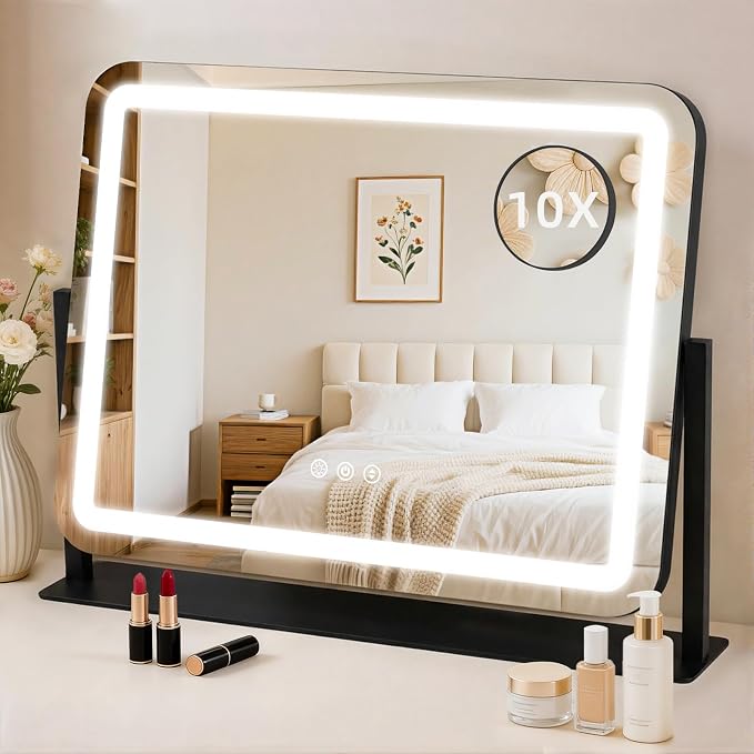Vanity Mirror with Lights 22"x17", Lighted Makeup Mirror with 10X Magnification, 3 Color Dimmble Lights, Touch Control, 360° Rotation, Metal Frame, Women's Gift, For Bedroom/Dressing Room, Black