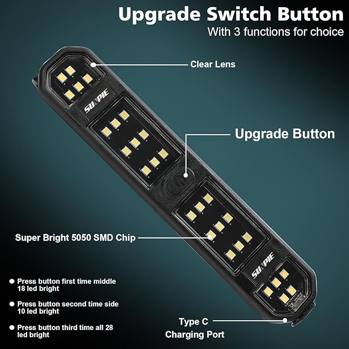 SUNPIE Interior LED Dome Lights with Magnetic for Car, Rear Trunk LED Roll Bar Lights Compatible with Jeep Wrangler, Truck, Tractor, ATV, UTV, SXS; Rechargeable Interior Lighting for Cars 4 Packs