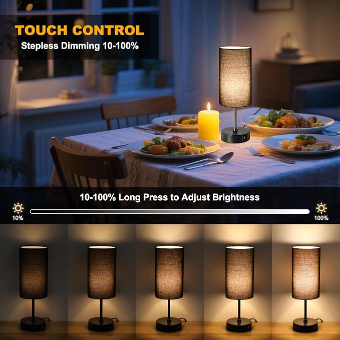 Table Lamp with 3 CCT (3000K/4500K/6500K), Stepless Dimmable Bedside Lamp with 7 Color Changing, Modern Nightstand Light with Black Shade for Bedroom, Kids Room, Home, Office