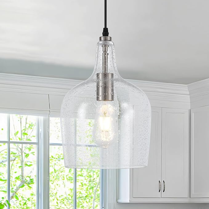 9” Brushed Nickel Seeded Glass Pendant Light Modern 1 Light Single Dome Pendent Lighting Fixtures for Kitchen Island Dining Room Hallway, UL Listed