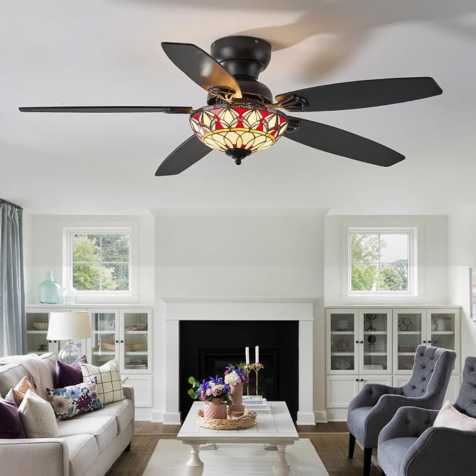 Tiffany Ceiling Fans with Lights-52"Ceiling Fan Chandelier and Glass Shade | 52" Ceiling Fan Chandelier with 5 Dual-Blades and Glass Shade, 6 Speeds and Reversible, Indoor and Outdoor, Retro Style