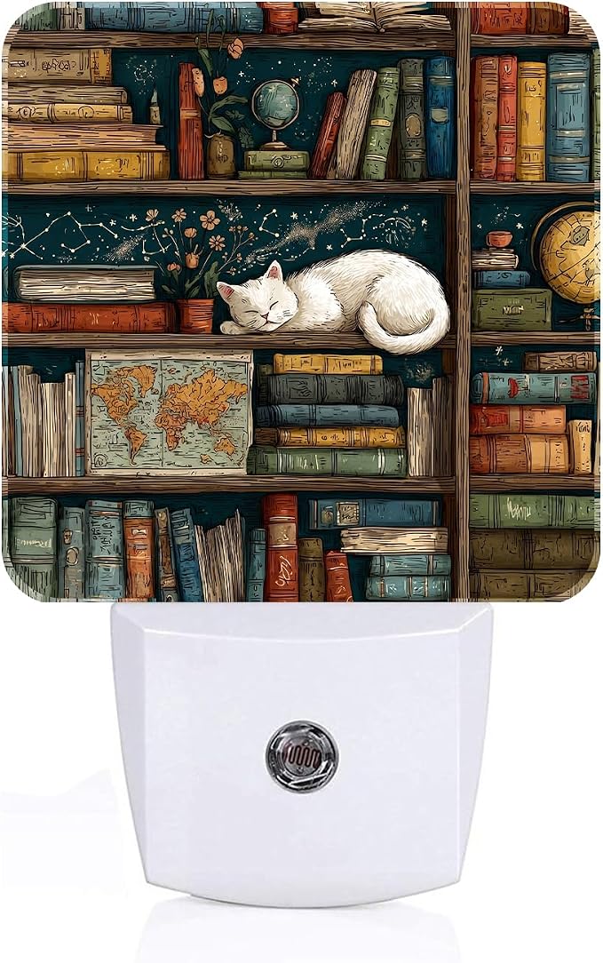 Sleeping Cat and Bookshelf Night Light,Plug-in Night Lights with Dusk-to-Dawn Sensor for Stairway,Hallway,Bedroom Sleep Friendly Ideal for Women/Girls/Boys Gift,0.5w