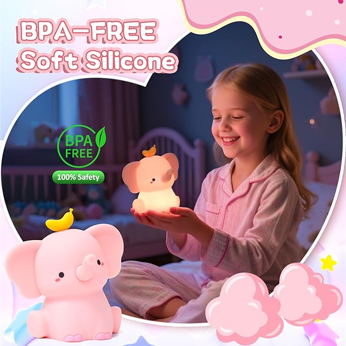 Attivolife Elephant Night Light for Kids, Cute Elephant Nursery Silicone Lamp, Rechargeable Animal Themed Room Bedside Decor Nightlight with Dimmable Timer, Gifts for Toddler Girl Teen Birthday Xmas