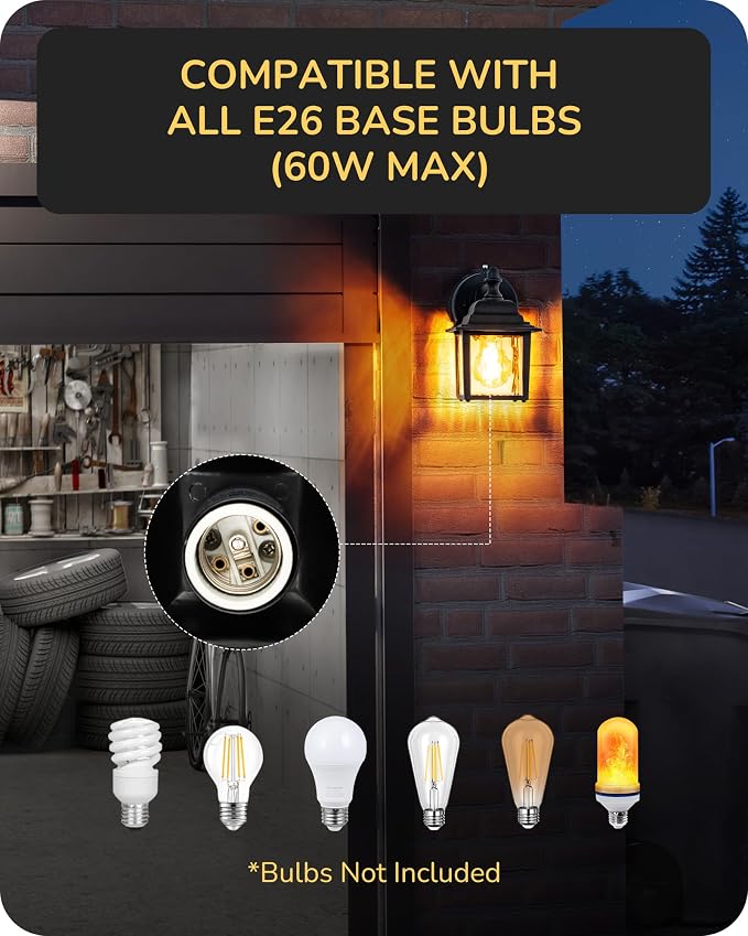 EDISHINE 2 Pack Outdoor Wall Lights, Modern Dusk to Dawn Black Porch Light | Clear Water Ripple Glass, Anti-Rust Aluminum, Standard E26 Socket, Waterproof Exterior Lighting Fixtures for Front Door