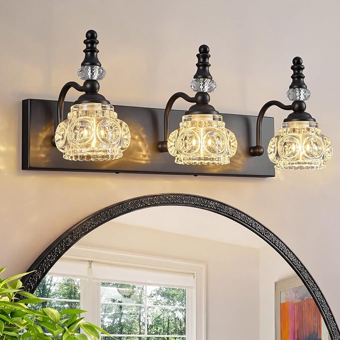 Modern Crystal Bathroom Vanity Light Black Vintage Bathroom Light Fixtures 3-Lights Glass Crystal Vanity Lights