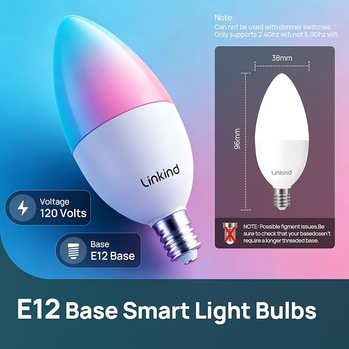 Linkind Matter E12 Led Bulb, Color Changing Smart Light Bulbs, 8 Pack | Works with Alexa/Apple Home/Google Home, Decorative Candelabra Light Bulbs for Chandelier, Tunable White, 2.4G WiFi, 500LM