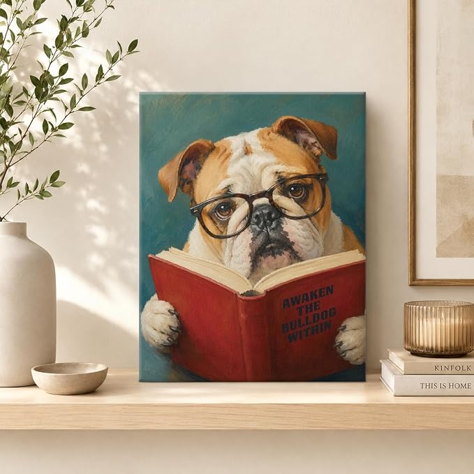 NSFBESSLIA Funny Reading Bulldog Painting, Whimsical Pet Animal Decor, Awaken The Bulldog Within, Vintage Wall Art for Living Room Bedroom Entryway, 8x10 Inch