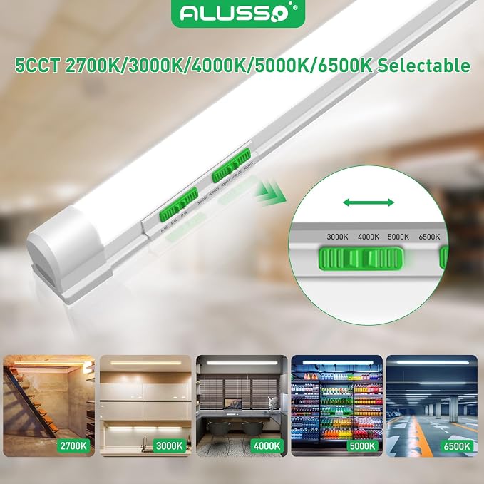 ALUSSO 4FT LED Shop Lights with 5CCT Selectable–2100LM T8 Integrated Fixture, 10 Pack, 2700K-6500K Adjustable Color Temperature, Corded Electric with On/Off Switch for Garage/Workshop
