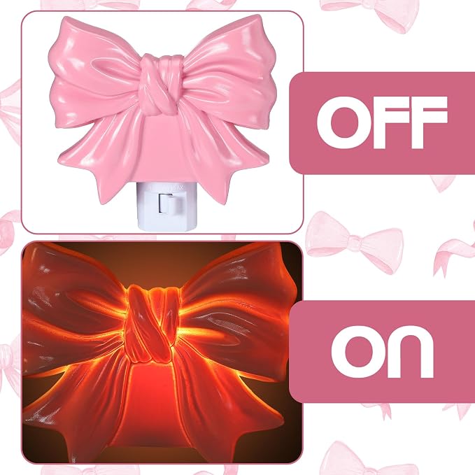 2 Pcs Bow Night Light 3D Wall Nightlight with Manual On/Off Switch Dusk to Dawn Sensor Decorative LED Night Lamp for Bedroom Bathroom Hallway Kids Room Home Decor