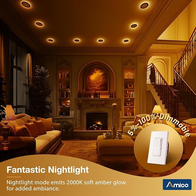Amico 2 Pack 6 Inch LED Recessed Light with Night Light, 5CCT, Black | Ultra-Thin Ceiling Light, Dimmable, 1100LM, No Flicker, 2700K-5000K, Canless Wafer Downlight with J-Box, 12W=110W,IC/ETL/FCC
