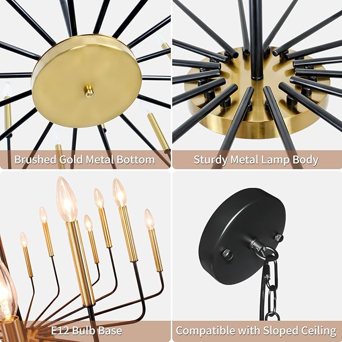 Black and Gold Chandelier, 16-Light Farmhouse Chandelier for Dining Room Lighting Fixtures Hanging, Industrial Modern Chandeliers for Dining Room Living Room Foyer Entry Staircase Kitchen