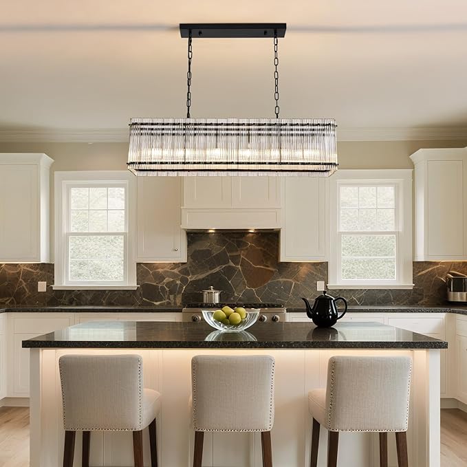 NOXARTE 40 Inch Modern Black Crystal Chandelier for Dining Room, 6-Lights Large Ribbed Glass Rectangle Chandelier Height Adjustable Rectangular Hanging Light Fixture for Living Room, Kitchen Island