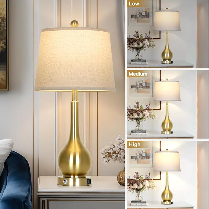 26" Gold Table Lamp for Living Room Single, Touch Control Bedroom Lamps for Nightstand, 3-Way Dimmable Bedside Lamp with USB A+C Port (1 Pack)
