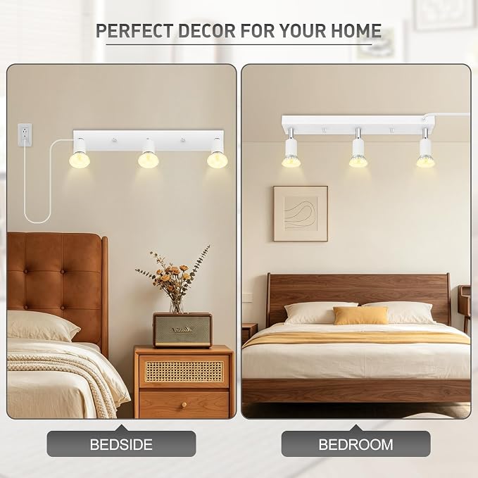 Plug in Track Lighting Kit 3 Light, White Track Light Fixture with Switch and Cord, Adjustable Spotlight Track Head for Kitchen Closet Gallery Wall Wash, Modern Linear Ceiling Light Bar,15ft Cord