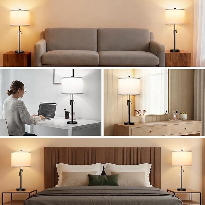 Table Lamps for Bedrooms Set of 2, 22" to 30" Height Adjustable Nightstand Lamps with Linen Shade, Pull Chain Switch Lamps for Living Room, 3 Way Dimmable Bedside Lamp