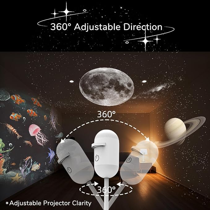 2-in-1 Galaxy Projector Night Light with 12 Sliding Projection Films, Adjustable Brightness 360° Rotating Design and USB Power for Car and Bedroom Decoration for Adults and Kids