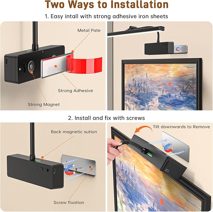Picture Light, 15.35inch Wireless Picture Lights for Wall Rechargeable, 5400mAh Battery Wall Light with Remote, 3 Color Art Lighting for Paintings with Timer and Dimmable for Display, Gallery (Black)