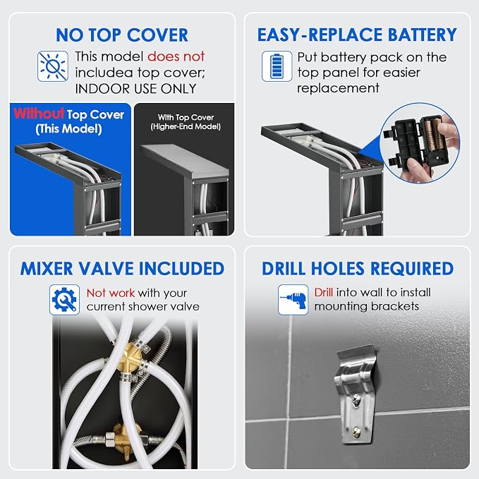 ROVOGO Shower Panel Tower System with Led Lights - Battery Powered, 46.5" | Rainfall Waterfall Shower Head, 2 Body Jets, Handheld and Tub Spout, Stainless Steel Shower Column with Brass Valves, Black