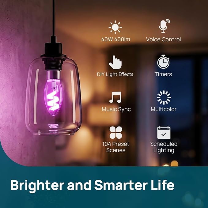 Linkind E12 Led Bulb, RGBTW Color Changing Matter Smart Light Bulbs,1 Pack | Work with Alexa/Apple/Google Home, 40W RGBTW Smart Filament Bulbs for Chandelier, 2.4Ghz WiFi Only Candelabra Bulbs, 400 LM