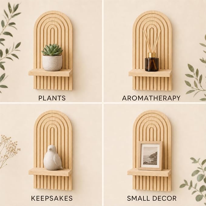 Wall Candle Holder Set of 2, Boho Wall Decor, Arch Candle Sconces, Natural | Natural-tone boho wood wall decor for living room, bedroom, hallway, and entryway, with shelves for lightweight accents.