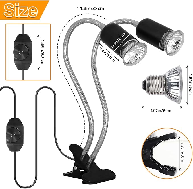 Double-Head Reptile Heat Lamp with (2Pcs 25W+2Pcs 50W) UVA UVB Light Bulb, Basking Spot Light Simulated Sunlight, Dimmable Heating Lamp with 360° Rotatable for Turtle, Lizard, Snake, Beared Dragon