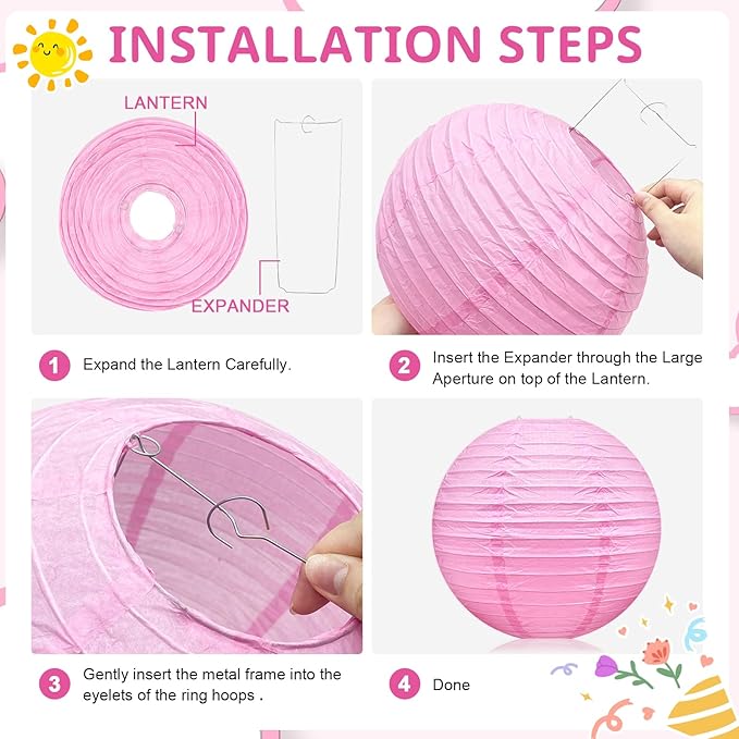 Pink Paper Lanterns Celehappy Hanging Round Paper Lanterns Decorative 6" 8” 10” Chinese Lanterns for Birthday Wedding Party Decoration Baby Showers Valentine Indoor Outdoor 12pcs