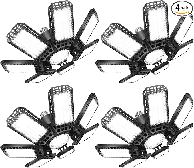 4 Pack LED Garage Light, 240W 24000LM 6500K LED Shop Lights, Garage Lights Ceiling Led with 7+1 Deformable Panels, E26/E27 Bulb Socket Lighting for Shop, High Bay, Attic, Basement, Warehouse