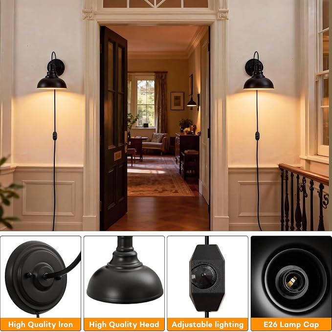 Lightess Plug in Wall Sconces Set of 2, Black Lamp with Cord Dimmer Switch | Gooseneck Farmhouse Style, Dimmable Switch Easy Brightness Control, Rustic Industrial Barn Style Fits Indoor Household Decor