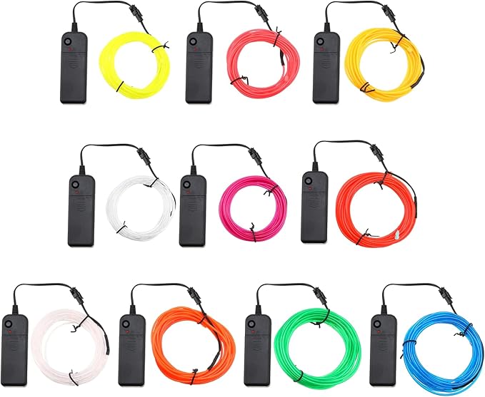 Hortsun 15 Pack 13ft Neon Light El Wire Portable Cuttable Neon Glowing Battery Powered LED Lights Glow in The Dark with Battery Pack for Halloween Party