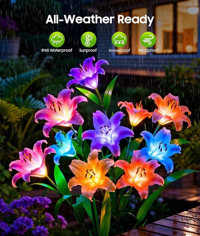LETMY Solar Garden Lights, 4 Pack Solar Flower Lights with 6 Head Bigger Lily Lights, IP65 Waterproof Solar Lights Outdoor, Decorative Lights for Garden, Patio, Yard, Flower Bed