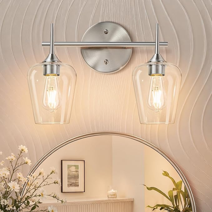MOKATNG 2-Light Bathroom Light Fixtures, Brushed Nickel Vanity Lights for Bathroom with Clear Glass, Bathroom Lighting Fixtures Over Mirror, Modern Wall lamp for Cabinet Hallway