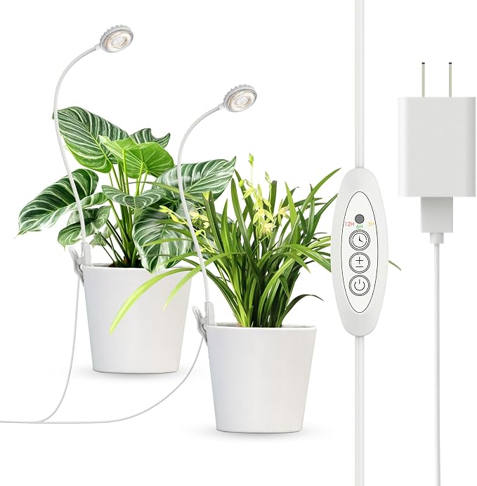 Clip-On Grow Lights for Indoor Plants, 2-in-1 Dual Head Timer | Flexible gooseneck arms bend to aim each head; 4000K full spectrum LED with CRI 95 and 4 dimming levels for leafy