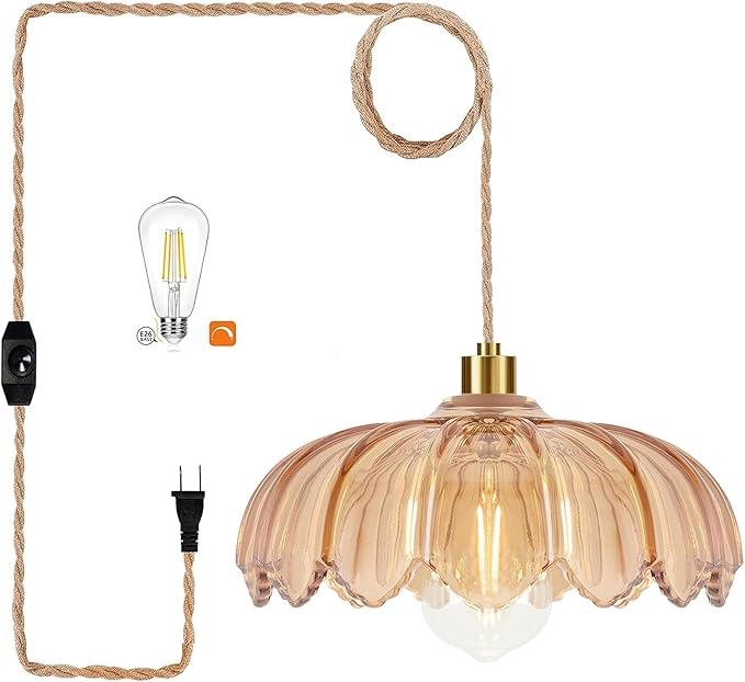 Plug in Pendant Light Hanging Lights with Plug in Cord Mid Century Modern Gold Hanging Lamp Glass Vintage Dimmable Flower Chandelier Ceiling Fixture for Living Room,Kitchen,Boho