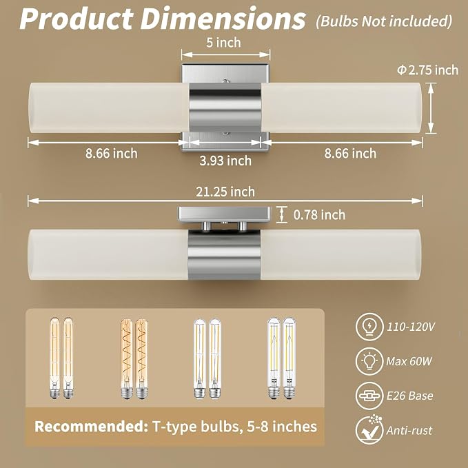 Modern 21" Bathroom Vanity Wall Sconce, Frosted Glass, Silver | Indoor Lighting Fixture, For Living Room, Stairs & Bedroom, Mounting Hardware Included, Easy To Install, Sturdy Metal Build.