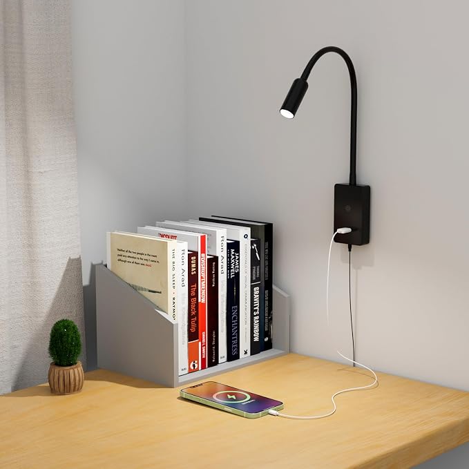 ENUOTEK LED Wall Mounted Bedside Lamp with Flexible Gooseneck, Remote Control Black Wall Mount LED Reading Spot Light for Bedroom, Timer Auto Off, Stepless and Step Dimmable, Neutral White Lighting