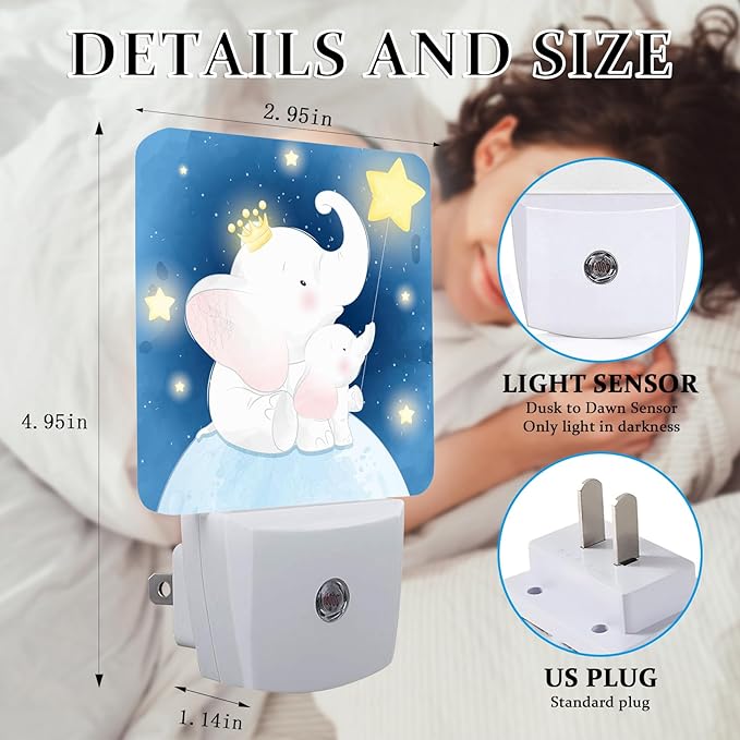 Little Cute Elephant Star Night Light, Plug-into Wall Starry Night Moon Nightlight Lamp with Dusk to Dawn Sensor, Led Lamp 0.5W Energy Efficient for Boys Girls Adults Home Decor