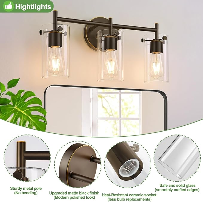 3-Light Bathroom Light Fixtures 2023 Upgrade, Oil-Rubbed Bronze Modern Vanity Lights with Clear Glass Shade, Bathroom Wall Sconces for Mirror Bedroom Living Room Cabinet