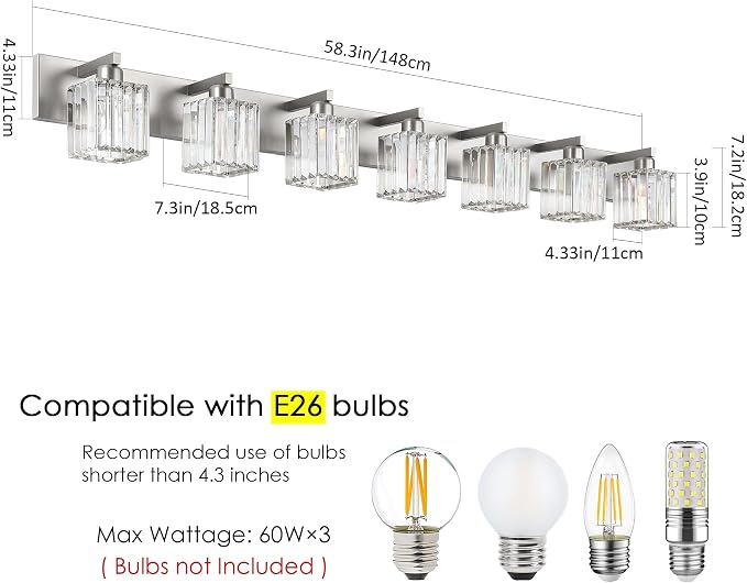Aipsun Brushed Nickel Bathroom Light Fixtures Crystal Vanity Lighting Fixture Modern Bathroom Vanity Light 7 Light (Exclude Bulb)