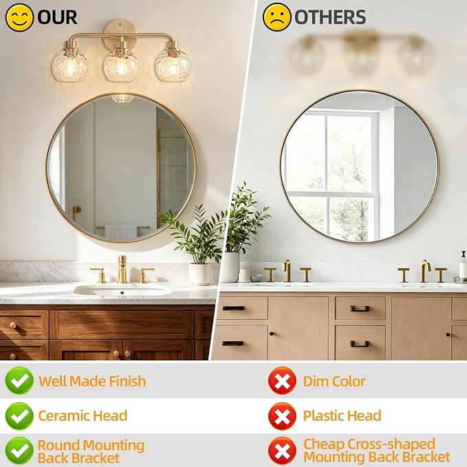 Bathroom Light Fixtures Gold Vanity Light 3 Light Brushed Brass | Wall Sconces Lighting with Hammered Globe Glass Shades Bath Wall Lamp for Mirror Living Room Bedroom Hallway